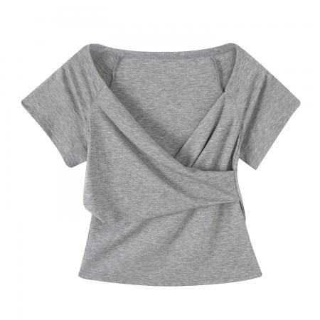 BY10282# 莱赛尔天丝性感交叉深V领辣妹短袖T恤女夏季新款上衣 服裝批發女裝批發服飾貨源