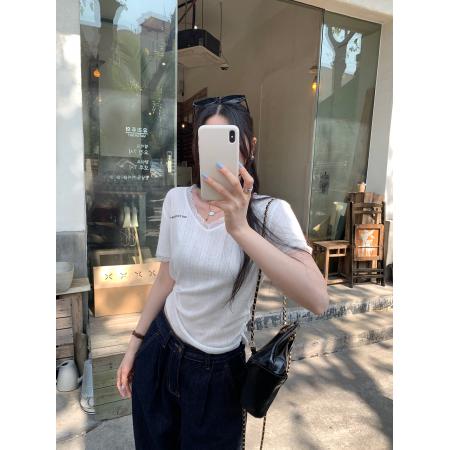 BY10283# 绝美巨好看的蕾丝边V领收腰抽褶短袖T恤女夏季新款内搭上衣 服裝批發女裝批發服飾貨源