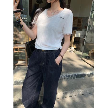 BY10283# 绝美巨好看的蕾丝边V领收腰抽褶短袖T恤女夏季新款内搭上衣 服裝批發女裝批發服飾貨源