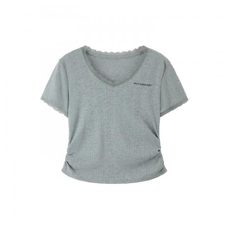 BY10283# 绝美巨好看的蕾丝边V领收腰抽褶短袖T恤女夏季新款内搭上衣 服裝批發女裝批發服飾貨源