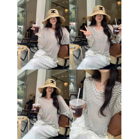 BY10284# 莱赛尔天丝休闲慵懒风条纹V领长袖T恤女春新款宽松百搭上衣 服裝批發女裝批發服飾貨源