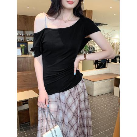 BY10286# 赵露思同款假两件斜肩露肩羊毛T恤女夏季新款纯欲风漂亮上衣 服裝批發女裝批發服飾貨源