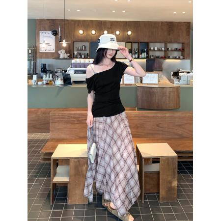 BY10286# 赵露思同款假两件斜肩露肩羊毛T恤女夏季新款纯欲风漂亮上衣 服裝批發女裝批發服飾貨源