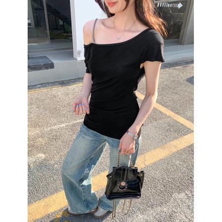 BY10286# 赵露思同款假两件斜肩露肩羊毛T恤女夏季新款纯欲风漂亮上衣 服裝批發女裝批發服飾貨源