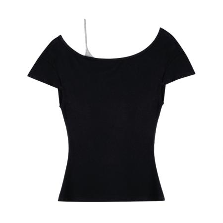 BY10286# 赵露思同款假两件斜肩露肩羊毛T恤女夏季新款纯欲风漂亮上衣 服裝批發女裝批發服飾貨源