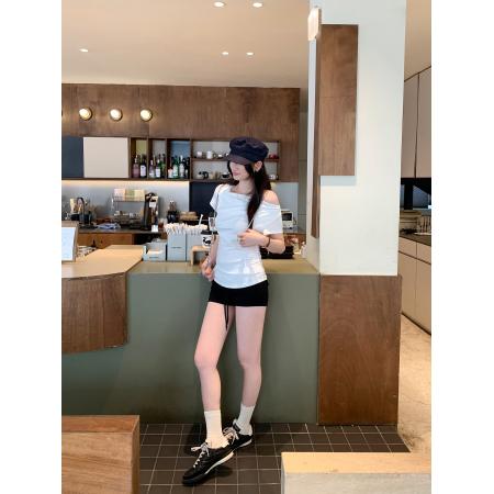 BY10287# 扭结荡领斜肩露肩收腰抽褶短袖T恤女夏季新款修身上衣 服裝批發女裝批發服飾貨源