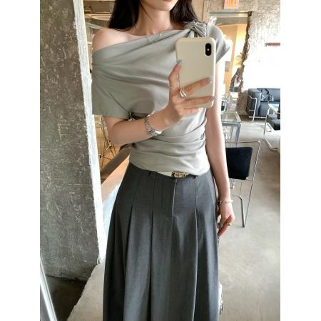BY10287# 扭结荡领斜肩露肩收腰抽褶短袖T恤女夏季新款修身上衣 服裝批發女裝批發服飾貨源