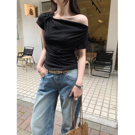 BY10287# 扭结荡领斜肩露肩收腰抽褶短袖T恤女夏季新款修身上衣 服裝批發女裝批發服飾貨源