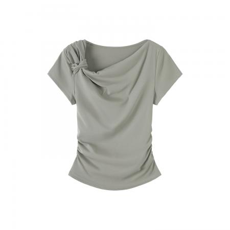 BY10287# 扭结荡领斜肩露肩收腰抽褶短袖T恤女夏季新款修身上衣 服裝批發女裝批發服飾貨源