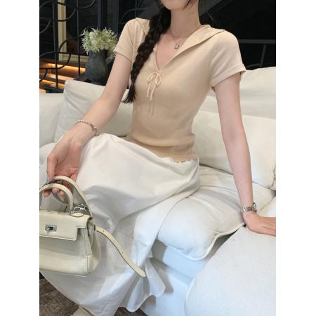 BY10289# 设计感小众V领短袖T恤女夏季新款小个子翻领蝴蝶结上衣 服裝批發女裝批發服飾貨源