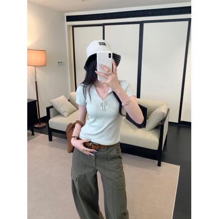 BY10289# 设计感小众V领短袖T恤女夏季新款小个子翻领蝴蝶结上衣 服裝批發女裝批發服飾貨源