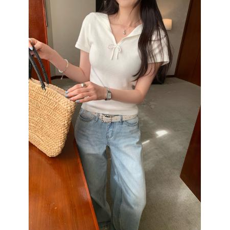 BY10289# 设计感小众V领短袖T恤女夏季新款小个子翻领蝴蝶结上衣 服裝批發女裝批發服飾貨源