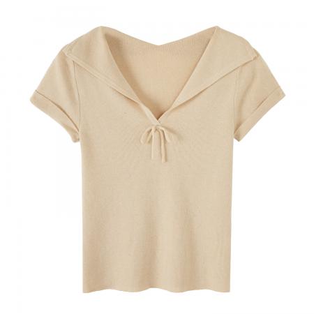 BY10289# 设计感小众V领短袖T恤女夏季新款小个子翻领蝴蝶结上衣 服裝批發女裝批發服飾貨源