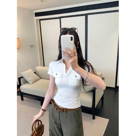 BY10291# 韩系口袋按扣设计polo领短袖T恤女春新款修身显瘦上衣 服裝批發女裝批發服飾貨源