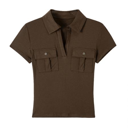 BY10291# 韩系口袋按扣设计polo领短袖T恤女春新款修身显瘦上衣 服裝批發女裝批發服飾貨源