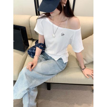 BY10292# 吊带斜肩露肩收腰短袖T恤女夏季新款设计感小众上衣 服裝批發女裝批發服飾貨源