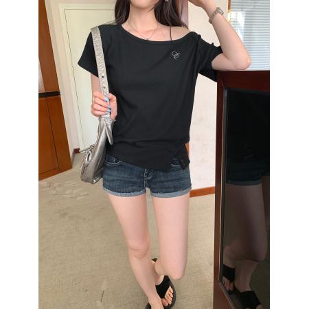 BY10292# 吊带斜肩露肩收腰短袖T恤女夏季新款设计感小众上衣 服裝批發女裝批發服飾貨源