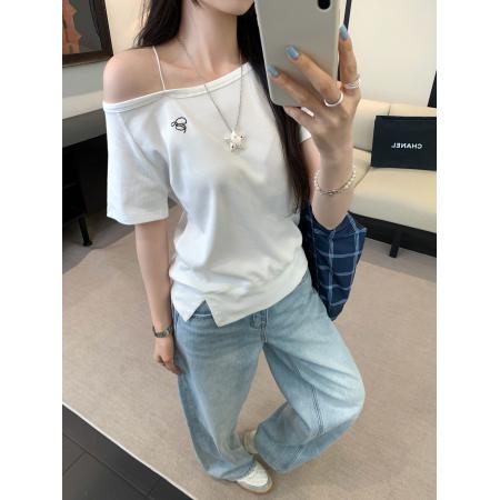 BY10292# 吊带斜肩露肩收腰短袖T恤女夏季新款设计感小众上衣 服裝批發女裝批發服飾貨源