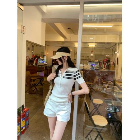 BY10293# 老钱风穿搭正肩条纹拼接POLO衫女夏新款翻领短袖针织衫 服裝批發女裝批發服飾貨源