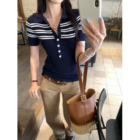BY10293# 老钱风穿搭正肩条纹拼接POLO衫女夏新款翻领短袖针织衫 服裝批發女裝批發服飾貨源