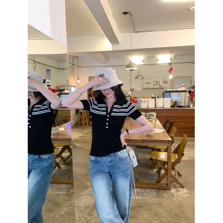 BY10293# 老钱风穿搭正肩条纹拼接POLO衫女夏新款翻领短袖针织衫 服裝批發女裝批發服飾貨源