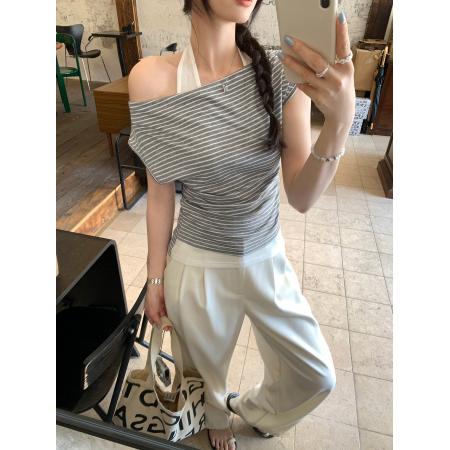 BY10294# 挂脖条纹假两件荡领无袖背心T恤女夏新款收腰露肩上衣 服裝批發女裝批發服飾貨源