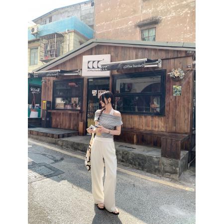 BY10294# 挂脖条纹假两件荡领无袖背心T恤女夏新款收腰露肩上衣 服裝批發女裝批發服飾貨源