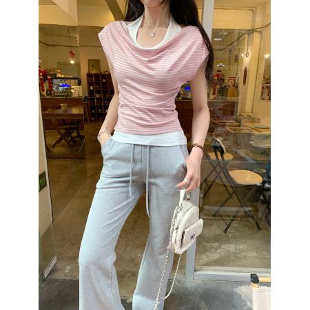 BY10294# 挂脖条纹假两件荡领无袖背心T恤女夏新款收腰露肩上衣 服裝批發女裝批發服飾貨源