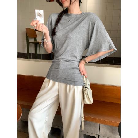 BY10295# 莱赛尔天丝不规则收腰压褶短袖T恤女夏新款圆领纯欲上衣 服裝批發女裝批發服飾貨源