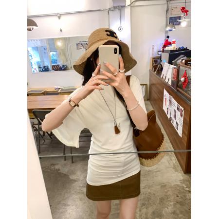 BY10295# 莱赛尔天丝不规则收腰压褶短袖T恤女夏新款圆领纯欲上衣 服裝批發女裝批發服飾貨源