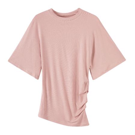 BY10295# 莱赛尔天丝不规则收腰压褶短袖T恤女夏新款圆领纯欲上衣 服裝批發女裝批發服飾貨源