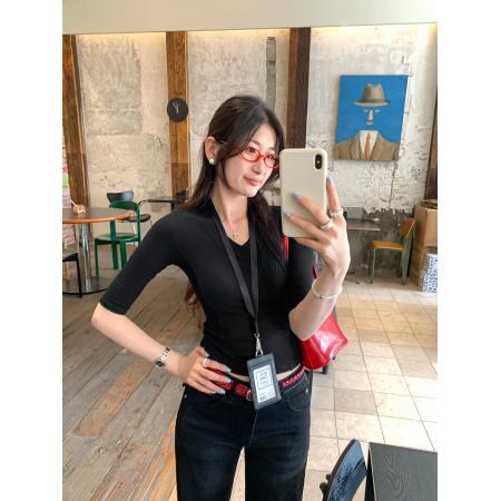 BY10296# 小个子辣妹五分袖V领T恤女夏季新款短款绝美纯欲小上衣 服裝批發女裝批發服飾貨源