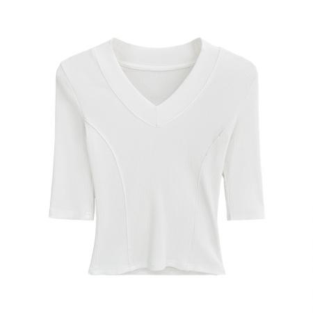 BY10296# 小个子辣妹五分袖V领T恤女夏季新款短款绝美纯欲小上衣 服裝批發女裝批發服飾貨源