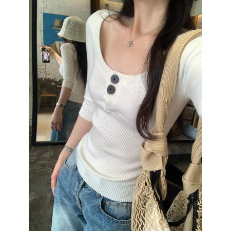 BY10298# 高知穿搭u领坑条收腰五分袖羊毛针织衫女早春新款上衣 服裝批發女裝批發服飾貨源