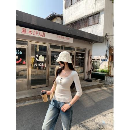 BY10298# 高知穿搭u领坑条收腰五分袖羊毛针织衫女早春新款上衣 服裝批發女裝批發服飾貨源