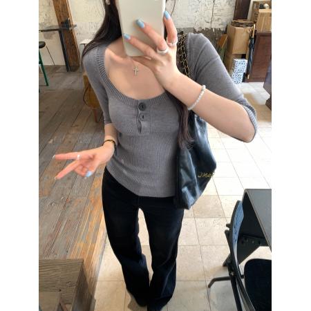 BY10298# 高知穿搭u领坑条收腰五分袖羊毛针织衫女早春新款上衣 服裝批發女裝批發服飾貨源