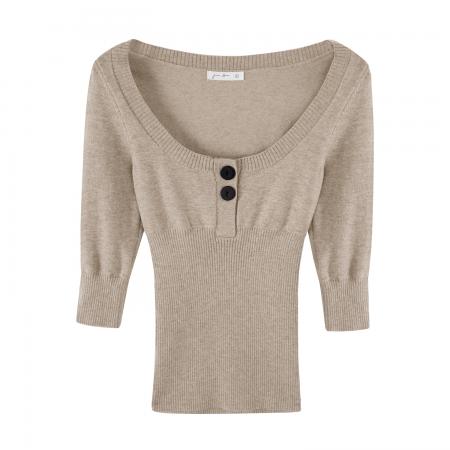 BY10298# 高知穿搭u领坑条收腰五分袖羊毛针织衫女早春新款上衣 服裝批發女裝批發服飾貨源