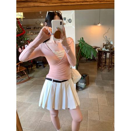 BY10301# V领独特漂亮假两件设计感长袖T恤女早春新款绿色纯欲风上衣 服裝批發女裝批發服飾貨源