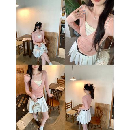 BY10301# V领独特漂亮假两件设计感长袖T恤女早春新款绿色纯欲风上衣 服裝批發女裝批發服飾貨源