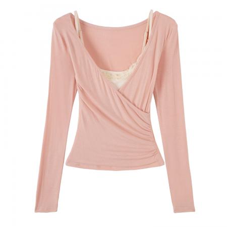 BY10301# V领独特漂亮假两件设计感长袖T恤女早春新款绿色纯欲风上衣 服裝批發女裝批發服飾貨源