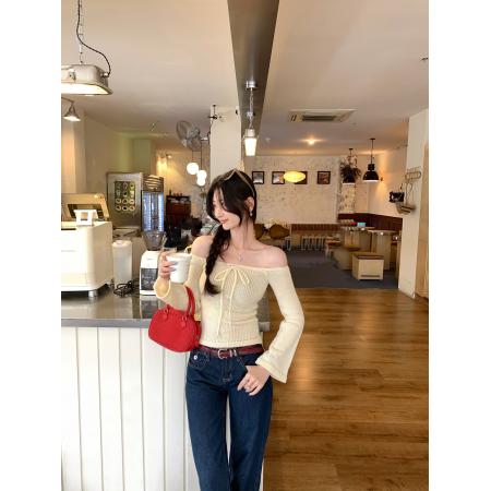 BY10304# 轻奢漂亮一字肩系带长袖针织衫女春季新款温柔性感上衣 服裝批發女裝批發服飾貨源