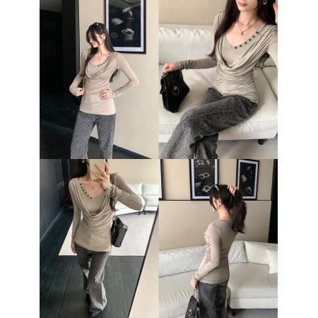 BY10305# 韩系V领褶皱卡其色长袖T恤女春新款中长款超好看打底衫 服裝批發女裝批發服飾貨源