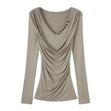 BY10305# 韩系V领褶皱卡其色长袖T恤女春新款中长款超好看打底衫 服裝批發女裝批發服飾貨源