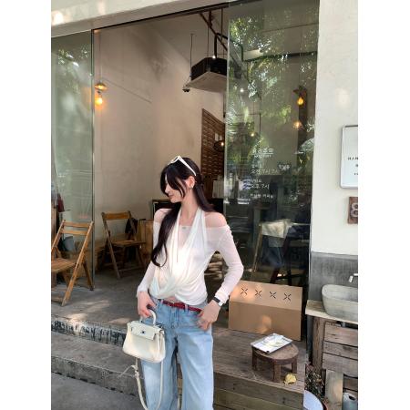 BY10306# 莱赛尔天丝挂脖假两件修身长袖T恤女春季新款交叉上衣 服裝批發女裝批發服飾貨源