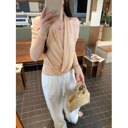 BY10306# 莱赛尔天丝挂脖假两件修身长袖T恤女春季新款交叉上衣 服裝批發女裝批發服飾貨源