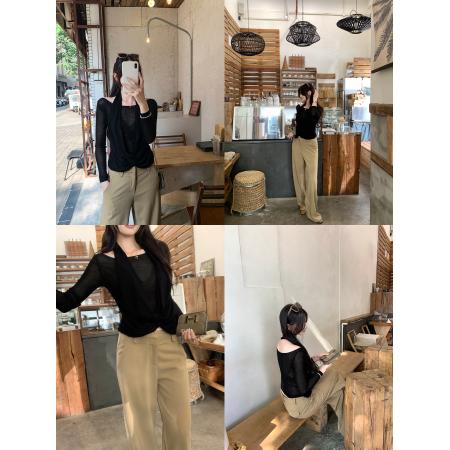 BY10306# 莱赛尔天丝挂脖假两件修身长袖T恤女春季新款交叉上衣 服裝批發女裝批發服飾貨源