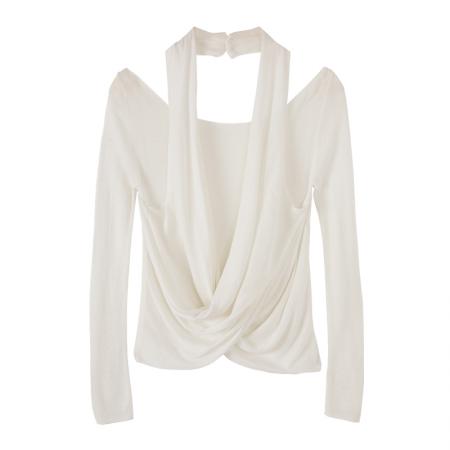 BY10306# 莱赛尔天丝挂脖假两件修身长袖T恤女春季新款交叉上衣 服裝批發女裝批發服飾貨源