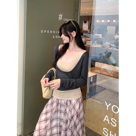 BY10307# 吊带背心深u领假两件设计感内搭打底衫长袖T恤女早春穿搭上衣 服裝批發女裝批發服飾貨源