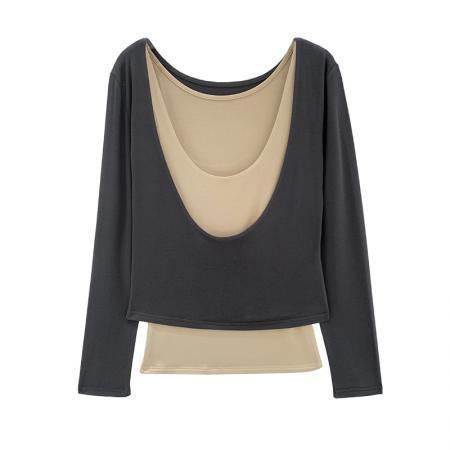 BY10307# 吊带背心深u领假两件设计感内搭打底衫长袖T恤女早春穿搭上衣 服裝批發女裝批發服飾貨源