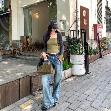 BY10309# 莱赛尔天丝喇叭袖假两件拼接打底长袖T恤女春新款上衣 服裝批發女裝批發服飾貨源